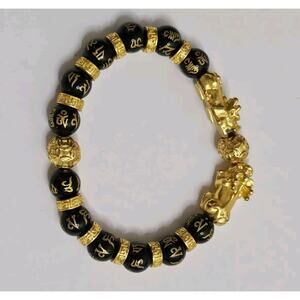 Feng Shui Lucky Nafu Wealth Bracelet Gold Black Bead Obsidian